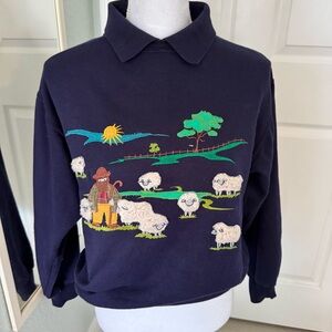 Vintage 90's Tulchan Collared Sheep Embroidered Cottagecore Blue Sweater Size S